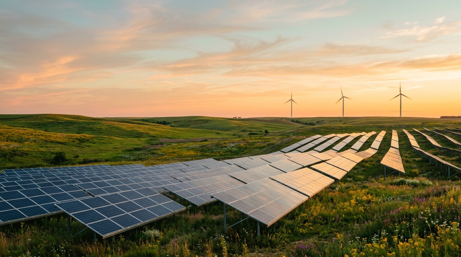 A solar panel farm in green rolling hills at golden hour, with three modern wind turbines on the horizon — a calm, hopeful image of clean energy.