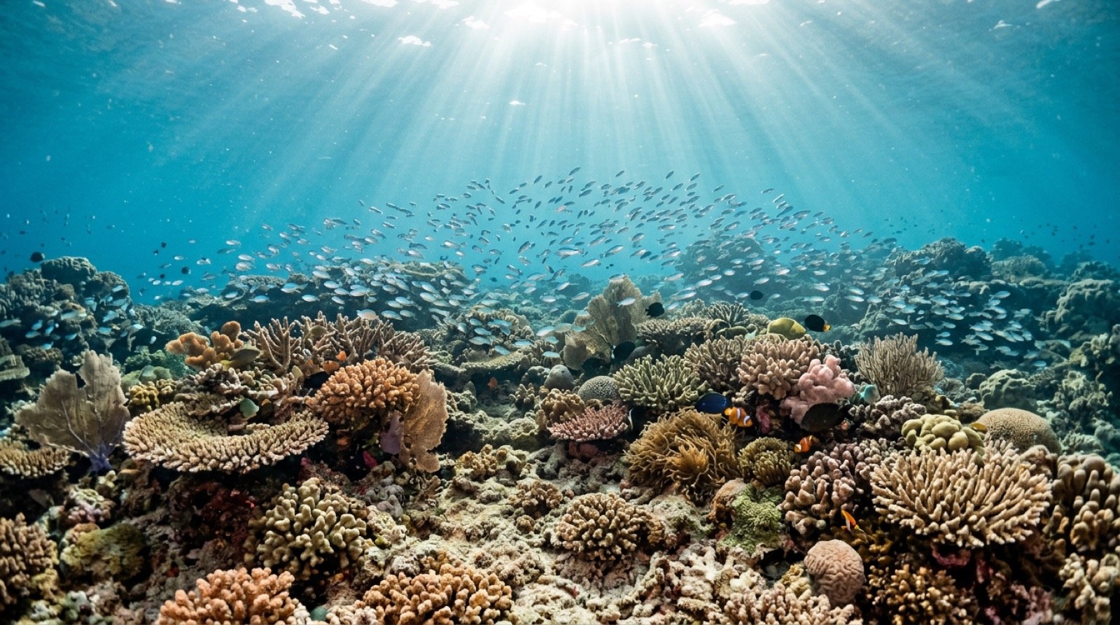A vibrant tropical coral reef under sunlit, clear blue water, with a school of small silver-blue fish swimming through — a calm, hopeful image of a healthy ocean.